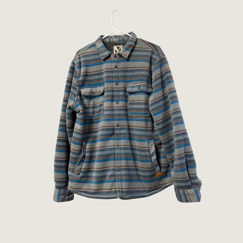 Voyager Mens Fleece Lined Shirt Jacket Blue Grey Striped Sherpa Shacket Large